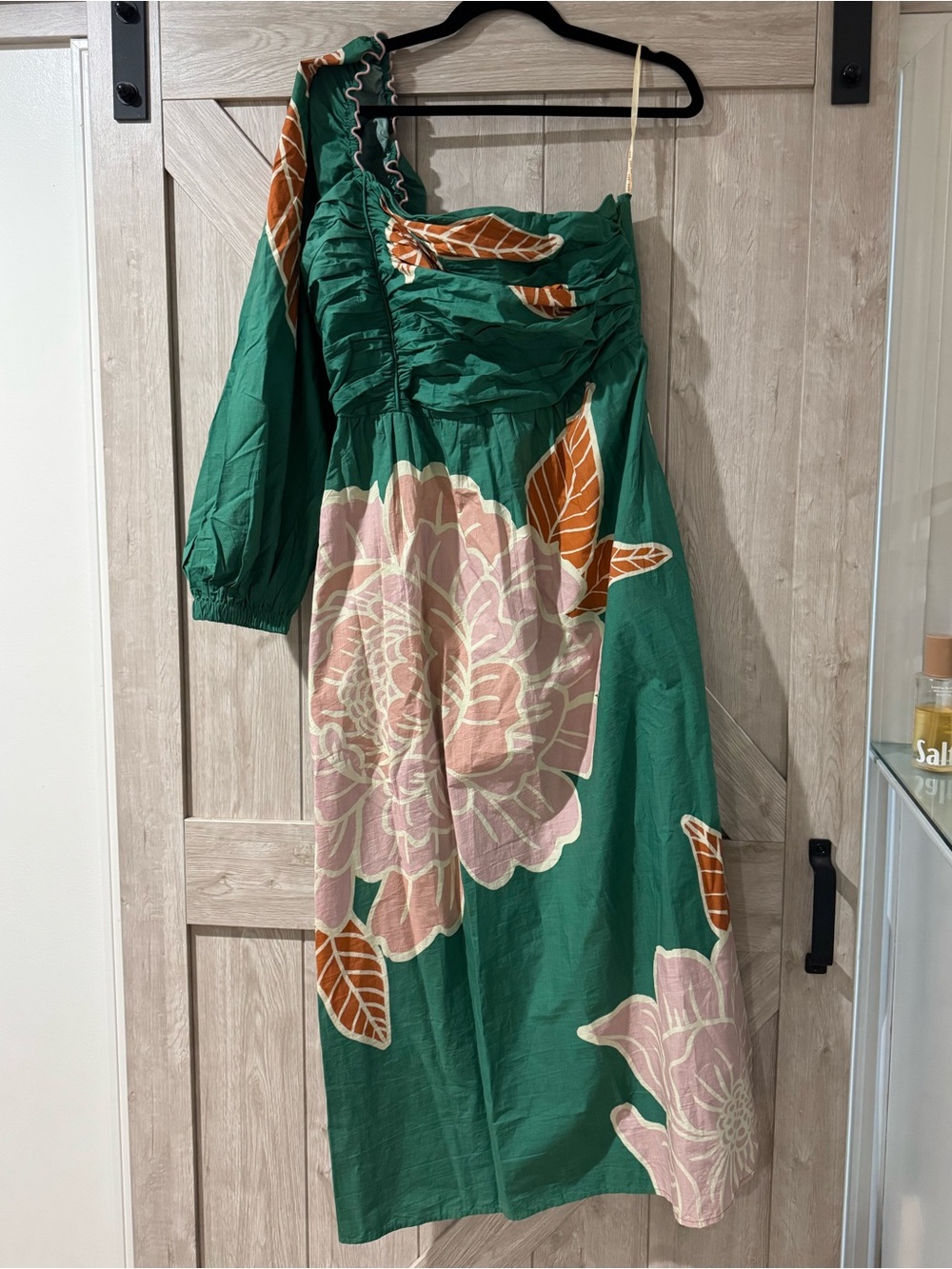 FARM Rio Green One-Shoulder Floral Midi Dress with Pink and Brown Accents